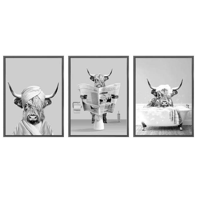 jenesaisquoi Highland Cow Bathroom Decor Wall Art, Frame Black and White Canvas Cow Picture, Humor Animals Artwork Prints Ready To Hang for Bathroom, Bedroom (8" x 10" x 3 pcs Black Frame)
