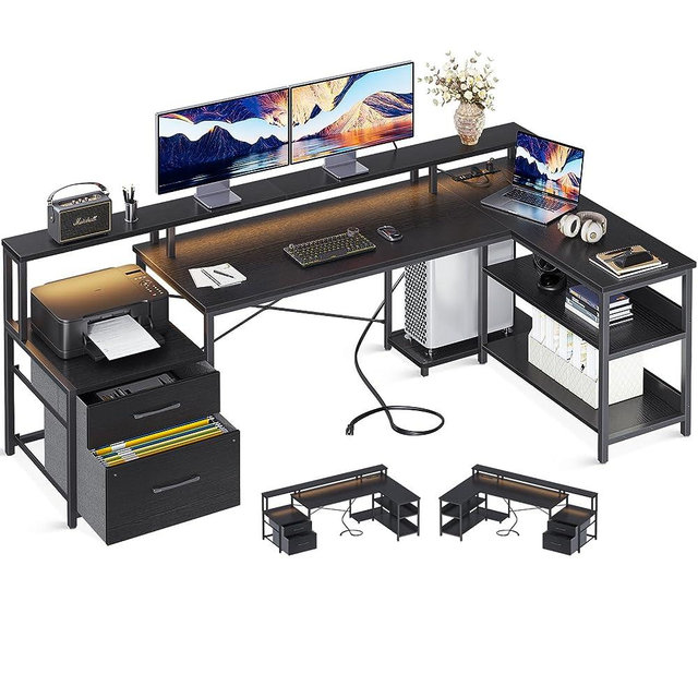 ODK L Shaped Desk with File Drawer, 75" Reversible L Shaped Computer Desk with Power Outlet & LED Strip, Home Office Desk with Storage Shelves, Gaming Desk with Monitor Shelf, Corner Desk, Black