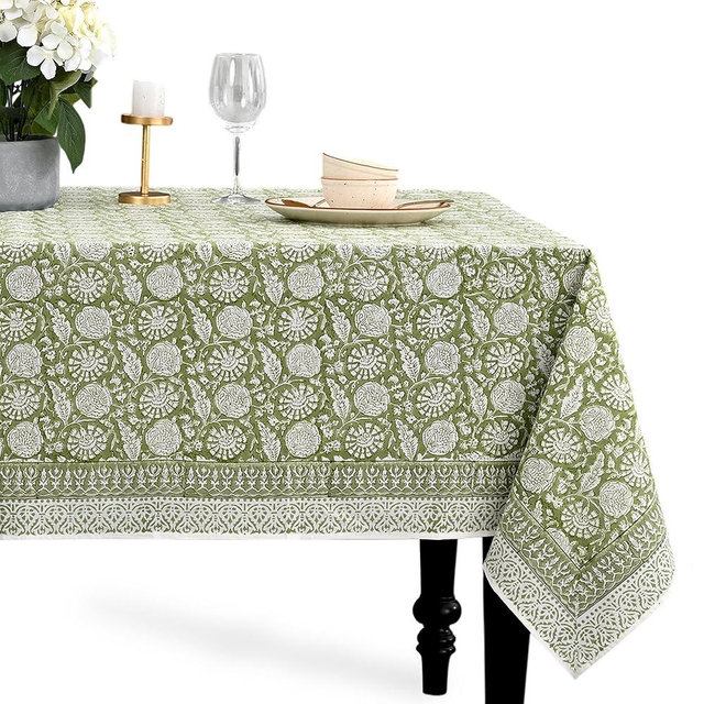 CPC Olive Bloom Tablecloth 100% Cotton 60x60 Inch Indian Block Print Rectangle Table Cover, Table Cloth for Gifting in Weddings, Halloween, Fall, Christmas, Thanksgiving