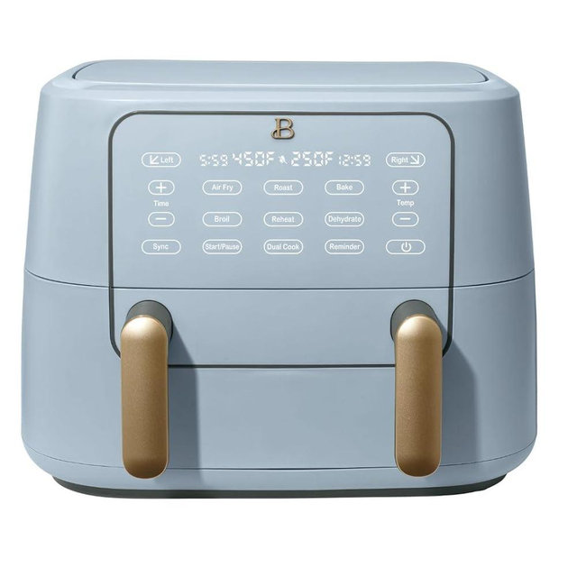 Beautiful 9QT TriZone Air Fryer by Drew Barrymore - 2 Baskets, 1700W, Touch Display, Multi-Cooking Functions, Non-Stick, Dishwasher Safe, Perfect for Family MealS (Cornflower Blue)
