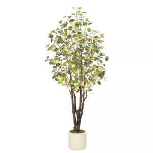 Artificial Eucalyptus Tree with Lights in White Planter, Large Faux Floor Plant for Home Office