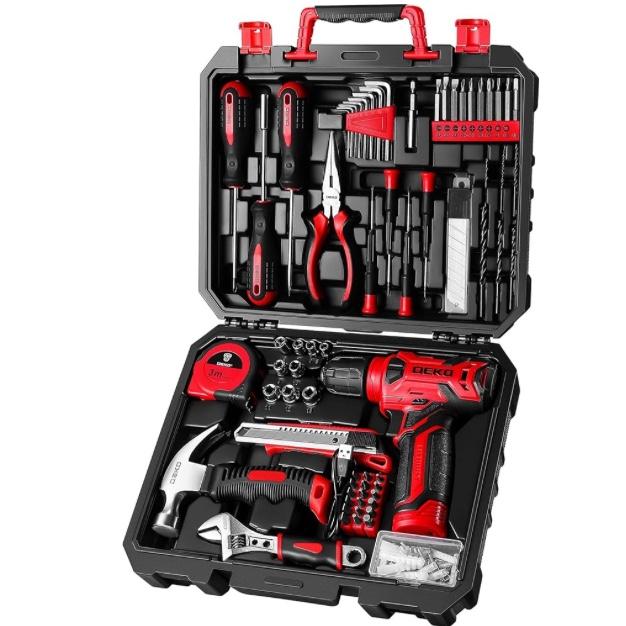 DEKOPRO Drill Set: Tool Set with 8V Red Cordless Drill, Home Tool Kit with Drill, Hand Tool Kits for Women 126 Piece