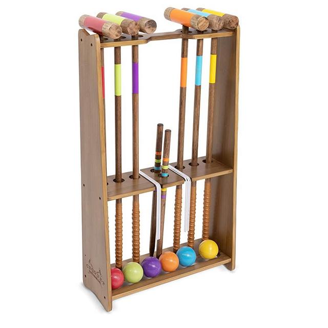 GoSports Premium Wood Stained Six Player Croquet Set with Handcrafted Wooden Stand