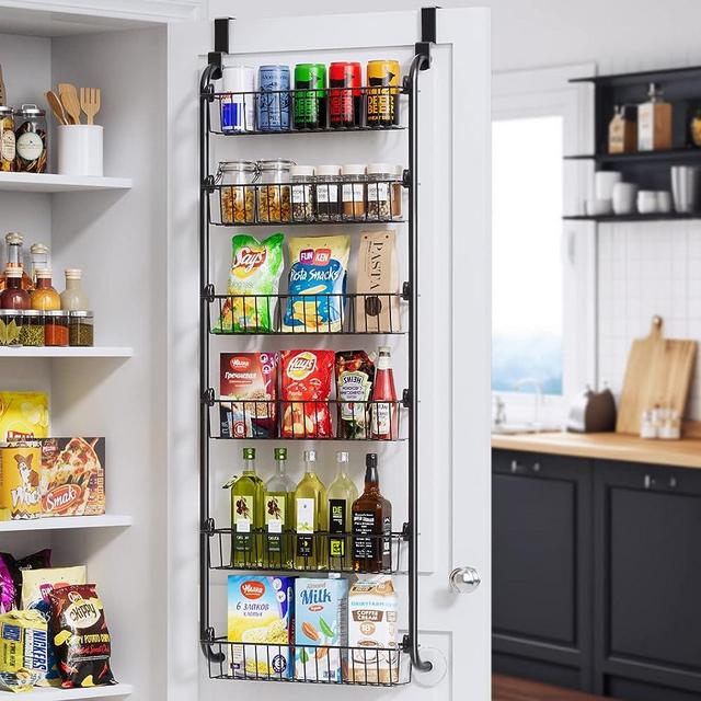 Over the Door Pantry Organizer, Metal Over the Door Organizer, 6-Tier Pantry Door Organizer Spice Rack for Easy Install, D5.1xW18xH50.4inch Pantry Door Storage, Black