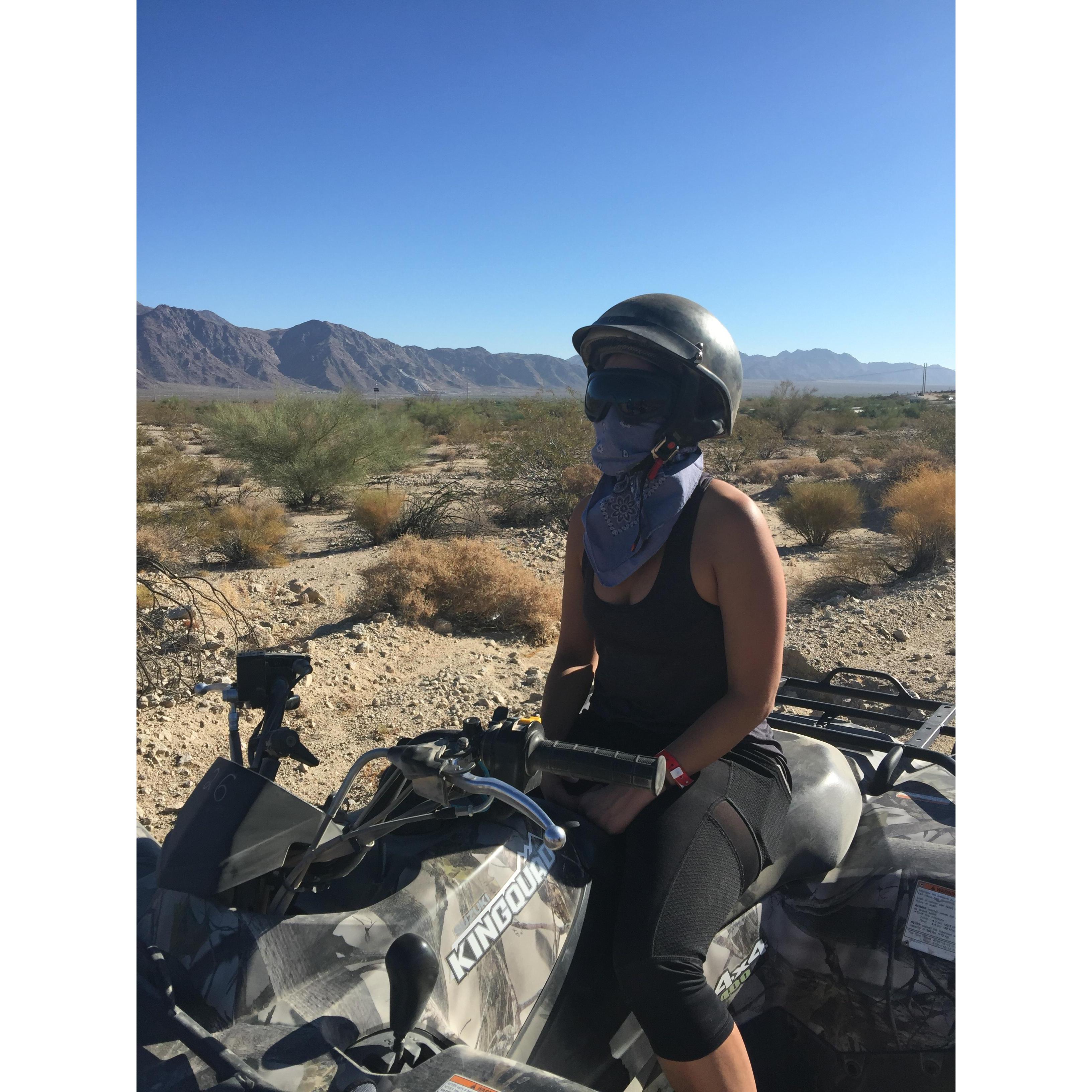 Palm Springs, September 2016. Cristina's first time on an ATV. She crushed it. (and some bushes too).