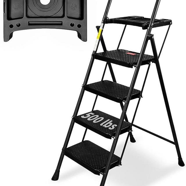 4 Step Ladder, Folding Step Stool with Tool Platform, Wide Anti-Slip Pedal, Lightweight 500lbs Step Ladder for Adults, Portable Steel Step Stool for Adults, Black