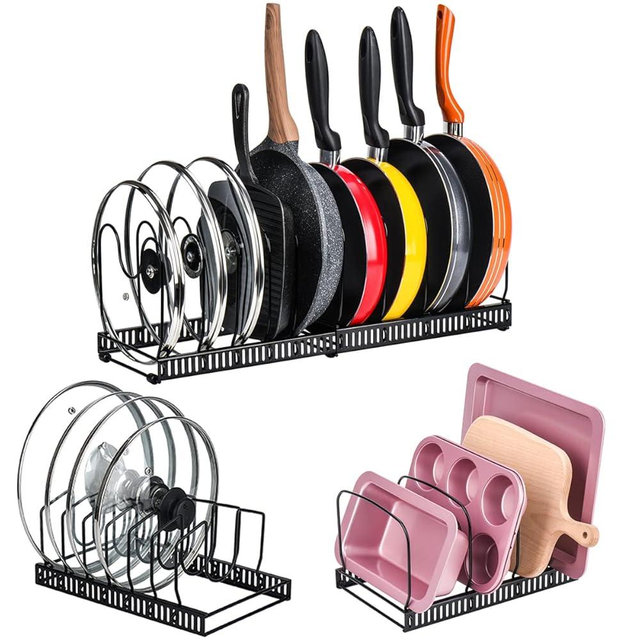Toplife Adjustable Pans Organizer Rack, Lids Organizer Rack, Bakeware Organizer Rack for Kitchen Cabinet and Counter, Black