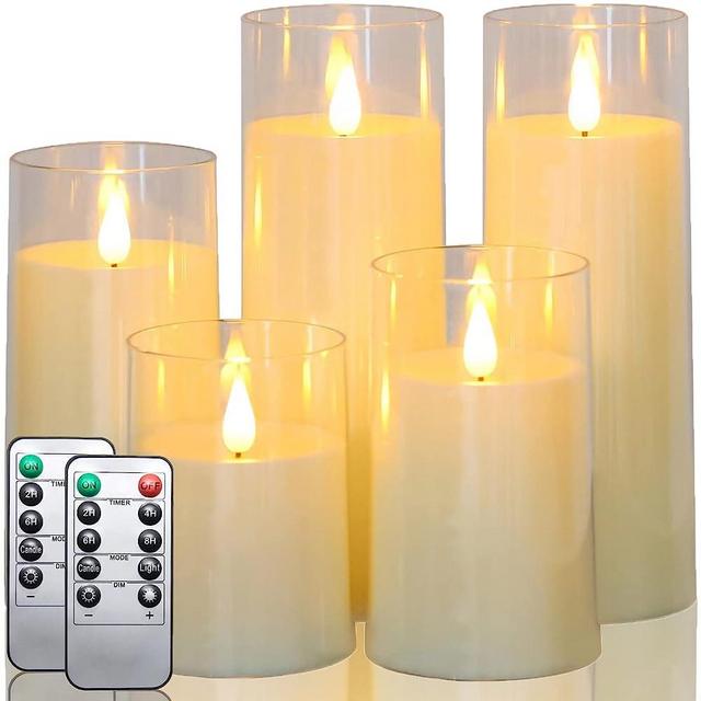Fo32won Ivory White LED Flameless Pillar Candles Battery Operated with Remote and Timer, Pack of 5 (D 3"×H 4" 5" 6" 8" 8") Plexiglass LED Flickering Candles with 3D Flame