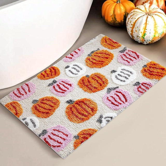 Aldopein Cute Pumpkins Bath Mats Non Slip Washable, Microfiber Tufted Boho Colorful Fall Autumn Bath Rug Shaggy Absorbent, 16’’W x 24’’L Rustic Farmhouse Country Fall Bathroom Mat Aesthetic Decor