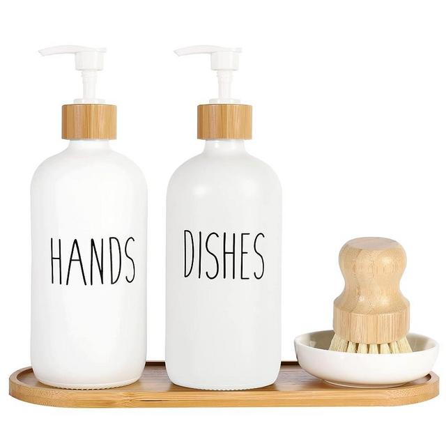 2 Pack Glass Soap Dispenser Set with Tray and Bamboo Dish Brush, Hand and Dish Soap Dispenser 16oz Kitchen Dish Soap Dispenser Set Farmhouse Decor Dish Soap Pump Bottle (White & White)