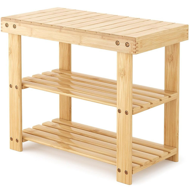 NEWBULIG Shoe Rack Bench, 3-Tier Bamboo Shoe Organizer, Wooden Entryway Storage Bench, 286 lb Load Capacity, 11.2x19.7x17.9 Inches, for Entryway Bathroom Bedroom Balcony, Wood