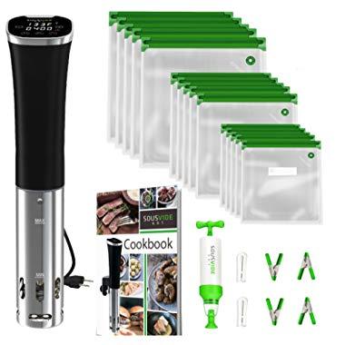 Sous Vide Cooker Kit ALL-IN-ONE - Sous Vide Machine 800W, 120V with Accurate Temperature Digital Timer, 30 Sous Vide Bags, Sous Vide Clips, Vacuum Pump, Cookbook with Recipes