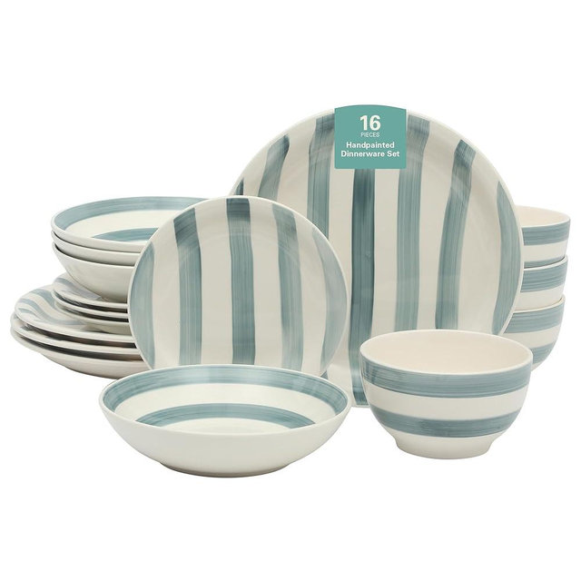 Gibson Home Kenwood Shores 16 Piece Dinnerware Set, Blue Striped, Hand-Painted Stoneware Dishes, Plates and Bowls, Service for 4, Microwave & Dishwasher Safe