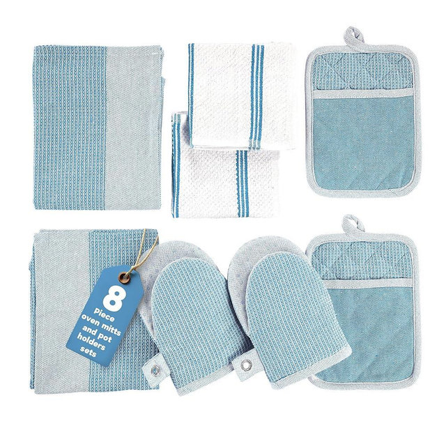 Casa Platino Silicone Oven Mitts Set, 8-Piece – 500°F Heat Resistant Mini Oven Mitt Set, Potholders for Kitchens, 2 Kitchen Towels & 2 Dish Cloths – Durable, Non-Slip & Machine Washable – Cornflower