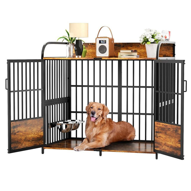 BEURUKU Dog Crate Furniture, Large Dog Kennel Indoor with 2 Adjustable Bowls, Heavy Duty XL Dog Crate for Large Dogs, Wooden Dog Cage Brown, 48" L X 30" W X 45" H