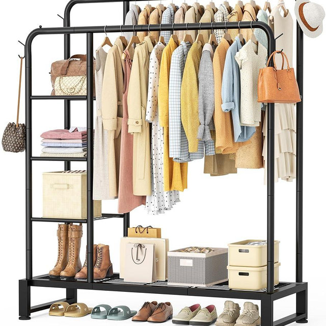 Double Rods Clothes Rack Clothing Rack with 4 Tier Storage Shelves Clothes Rack for Hanging Clothes Multifunctional Heavy Duty Clothes Organizer with Hooks for Bedroom,Wardrobe Closet,Shop,Black