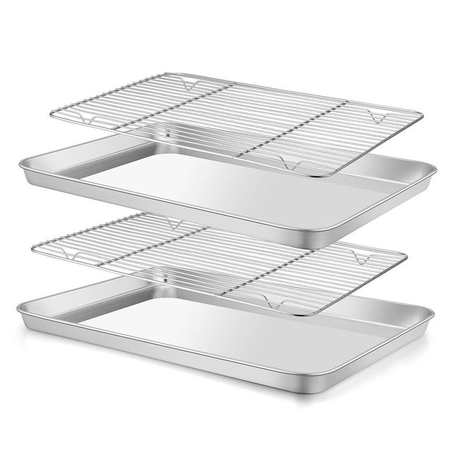 E-far Baking Sheet with Wire Rack (2 Pans + 2 Racks), Stainless Steel Cookie Sheets Pan & Cooling Rack for Baking Cookies/Jelly Rolls, Non Toxic & Heavy Duty, Oven & Dishwasher Safe, 16 x 12 x 1 Inch