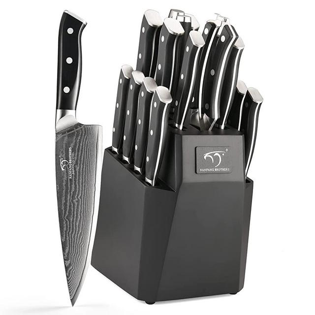 NANFANG BROTHERS Knife Set, 18-Piece Damascus Kitchen Knife Set with Block, ABS Ergonomic Handle for Chef Knife Set, Carving Fork, Knife Sharpener and Kitchen Shears, Knife Block Set