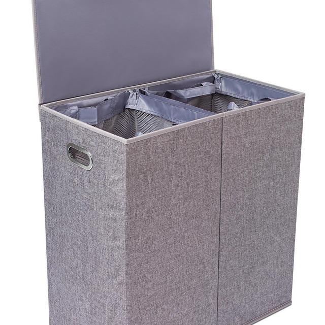 BirdRock Home Double Laundry Hamper with Lid and Removable Liners - Linen Hampers - Grey Foldable Bin - Easily Transport Clothes - Cut Out Handles - Clothes Basket