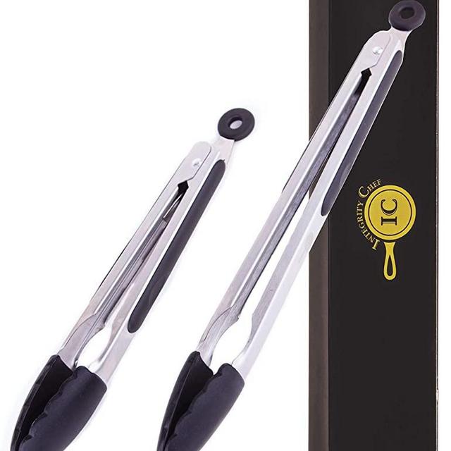 Premium Locking Stainless Steel Kitchen Tongs for Cooking by Integrity Chef - Set of 2 Cooking Tongs with Silicone Tips, BBQ Tongs, Silicone Tongs, Grill Tongs, Serving Tongs, Metal Kitchen Tong