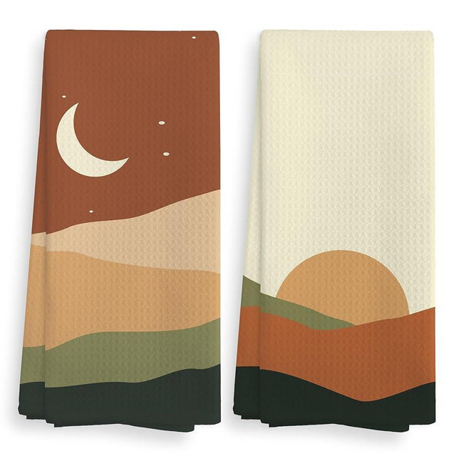 Abstract Boho Sun Moon Mountain Sunrise and Starry Night Landscape Kitchen Towels and Dishcloths Sets of 2,Boho Absorbent Drying Cloth Hand Towels Tea Towels for Bathroom Kitchen,16×24 inches