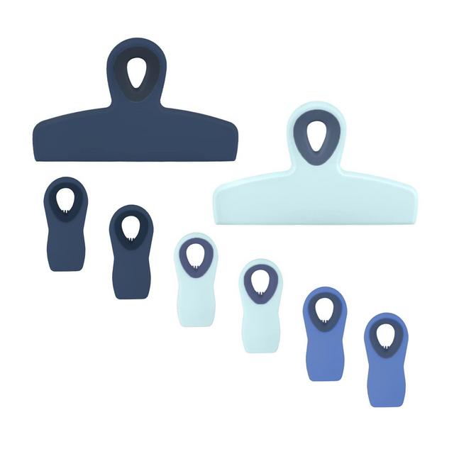 Set of Eight Bag Clips, 2 Large Heavy Duty Chip Clip and 6 Refrigerator Magnet Clips for Food Storage with Air Tight Seal Grip for Snack Bags and Food Bags (Blue)