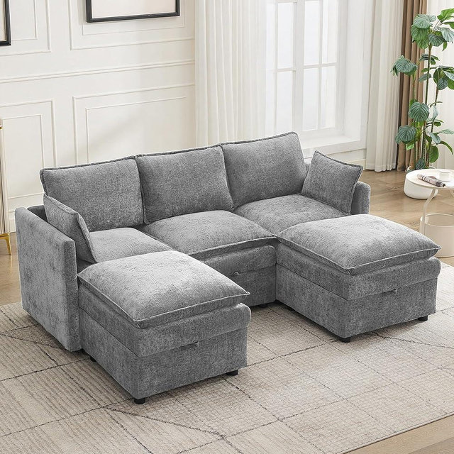 80" Cloud Modular 3 Seater Sofa with 2 Storage Ottoman, Modern Storage Sofa Couch Deep Seat, U Shape Sectional Sofa Chenille Comfy Couch with Armrests for Living Room, Small Space, Light Grey | Modular Sofa, Storage Ottoman, Upholstered Sofa, Sectional Sofa, Chenille Couch