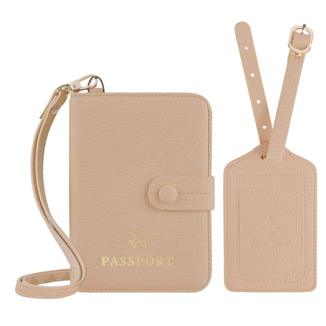 BoutilonLeather Passport Holder Covers Case with Neck Lanyard and Luggage Tag Waterproof RFID Blocking Travel Wallet Solid Color Passport Organization for Women and Men (Apricot)