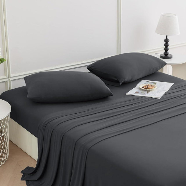 N&Y HOME StretchSnug Sheets Set Queen Size - Stretchy Sheets Deep Pockets, No Slip Stay on Bed, Firm & Tight with Corner Straps - 4 Piece Sets, Dark Gray, Queen
