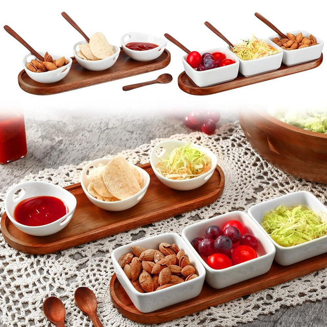 Sunnychicc 2 Sets Ceramic Chip and Dip Serving with Acacia Wood Tray and Spoons Serving Dishes for Entertaining 3 Dipping Bowls with Handles 3 Square Sauce Cups Condiment Tray for Snacks Appetizers