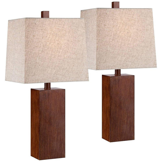 360 Lighting Darryl Modern Accent Table Lamps 23" Tall Set of 2 Faux Wood Rectangular Block Brown Tan Fabric Shade for Bedroom Living Room House Home Bedside Nightstand Office Entryway Kids