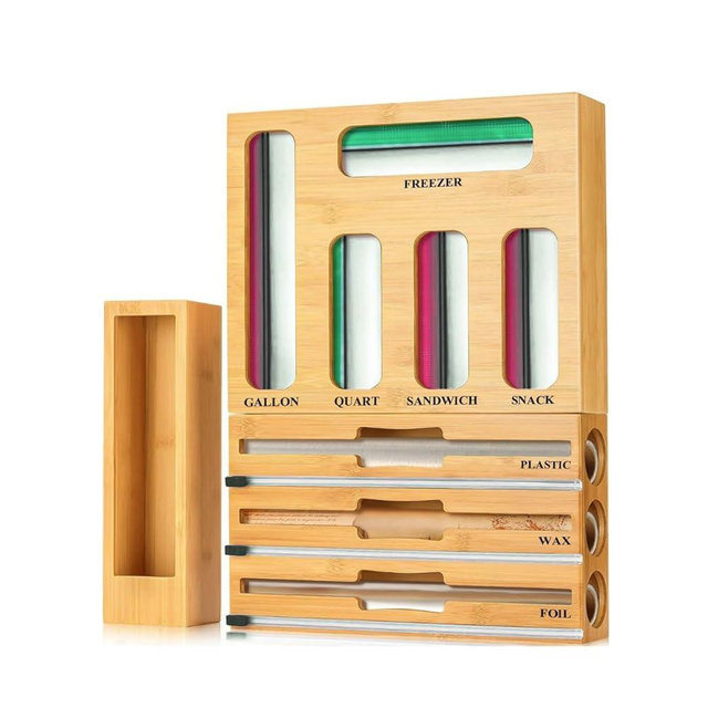 9 IN 1 Storage Bag Organizer for Kitchen Drawer, Bamboo Foil and Plastic Wrap with Cutter, Organizers Compatible Gallon, Quart, Sandwich and Snack Size