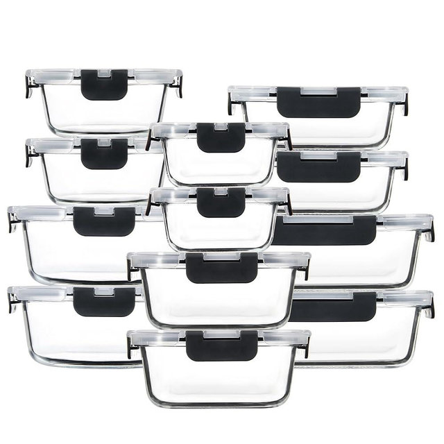 FAWLES 12 Pack Glass Meal Prep Containers with Airtight Lids, Leak-Proof Food Storage Containers, Dishwasher/Microwave/Oven/Freezer Safe Glass Containers for Lunch, Leftovers, to Go (Grey)