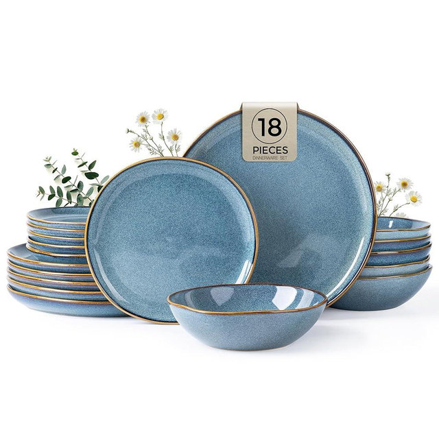 AmorArc Ceramic Dinnerware Sets,Handmade Reactive Glaze Stoneware Plates and Bowls Sets,Highly Scratch Resistant | Dishwasher & Microwave Safe Dishes Set,Service for 6 (18pc)