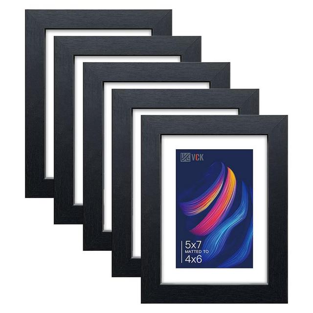 VCK 5x7 Picture Frame Black Set of 5, Textured Exclusive Wooden Photo Frames with HD Glass | Matted to 4x6 or 5x7 without Mat