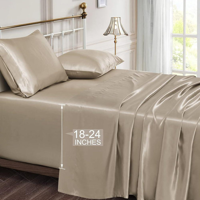 Vonty Satin Sheets Extra Deep Pocket King Size Sheets - Cooling & Silky Satin King Sheets Set with 18-24 Inch Deep Pocket, Taupe Satin Bed Sheets Fit Up to 24" Deep Matress - 4 Piece