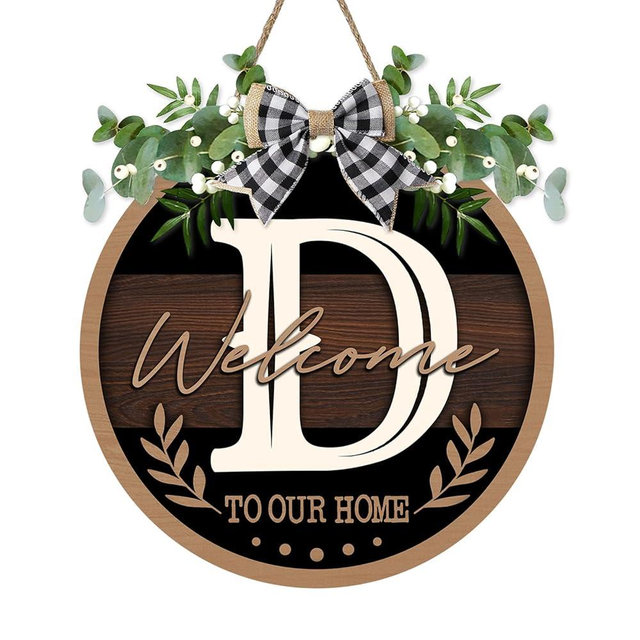 Bolisom Monogram Letter D Front Door Sign, Welcome to Our Home Family Last Name Initial Wooden Hanger Decor Housewarming Wedding Gifts, Farmhouse Rustic Wreath Indoor Wall Hanging Decoration with Bow