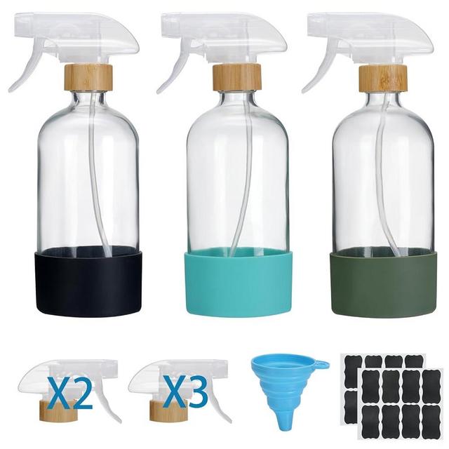 3pack Bamboo Glass Spray Bottle，Spray Bottles for Cleaning Solutions, 16 oz Silicone Protective Glass Spray Bottle Sets and Accessories,Containers for Cleaning Solutions，(5pcs Upgraded Nozzle)