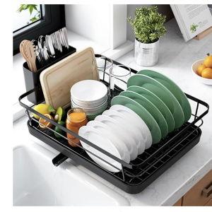 Kitsure Dish Drying Rack for Kitchen Counter, Stainless Steel Sink Organization and Storage Essentials with Cutlery Holder, Home and Appartment Decor, 12''W x 15.5''L, Black