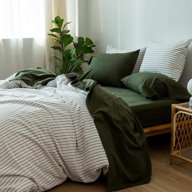MooMee Bedding Sheet Set 100% Washed Cotton Linen Like Textured Breathable Durable Soft Comfy (Olive Green, King)