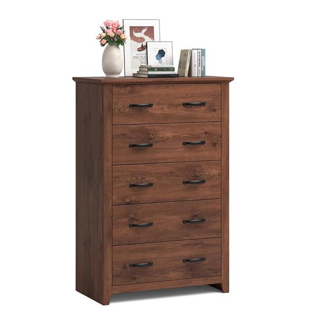 Julimoon 5 Drawer Dresser, Tall Chest of Drawers, Closet Organizer with Anti-toppling Device, Heavy-Duty Storage Cabinet with Easy Pull Handle, Dresser for Bedroom, Living Room, Hallway (Walnut)
