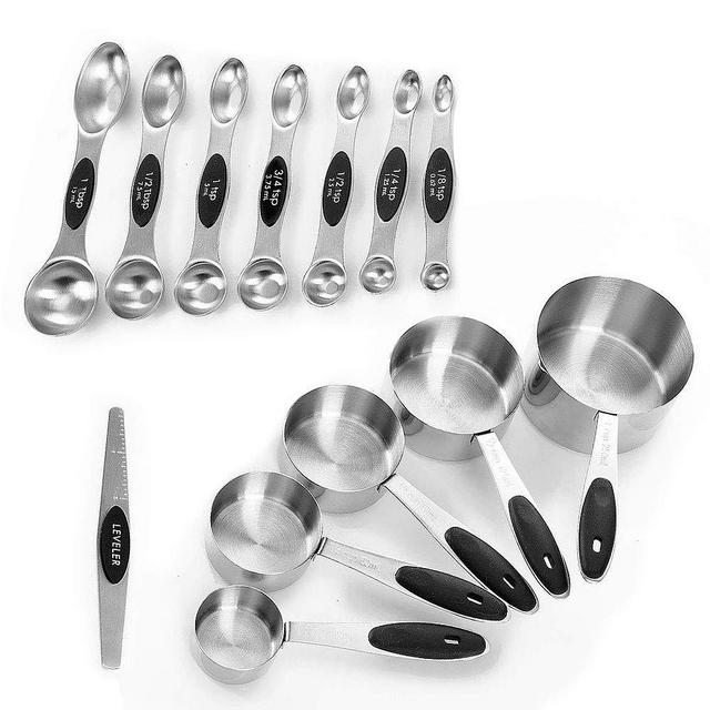 Measuring Cups and Magnetic Measuring Spoons Set, Premium 13 Piece Set, 5 Measuring Cups & 7 Double Sided Stackable Magnetic Measuring Spoons 1 Levele