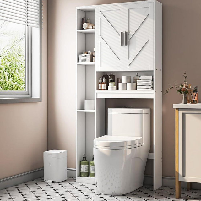 Over The Toilet Storage Cabinet with 7 Storage Shelves, Above Toilet Bathroom Organizer with Toilet Paper Holder Stand, Behind Toilet Cabinet, Space Saver for Restroom, Bathroom, Laundry, White