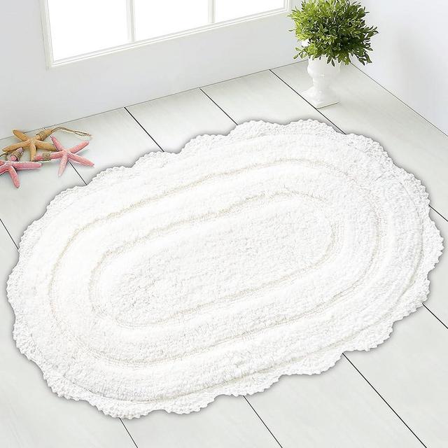 Chardin home White Crochet Bathrug, 100% Cotton Oval bathmat with artisanally Handcrafted Crochet Border, 21x34 Inch, Medium Rug, Perfect for Half Baths, Powder Rooms, bathrooms
