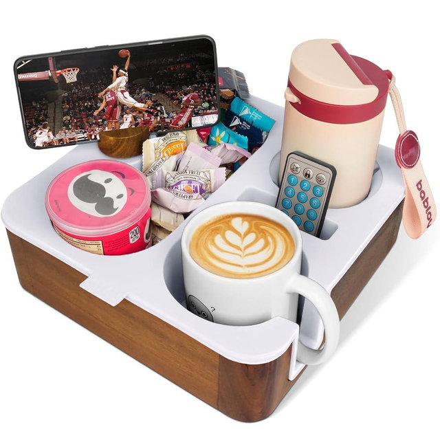 Couch Buddy Couch Cup Holder Tray, Real Acacia Wooden Caddy with Soft Silicone, Snack and Drink Organizer- Perfect Movie Night Accessories for Bed, Remote and Back Seat Cup Holders for Cars (White)