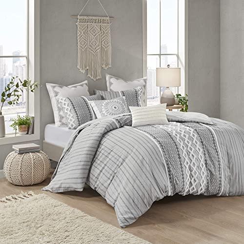 INK+IVY 100% Cotton Duvet Mid Century Modern Design, All Season Comforter Cover Bedding Set, Matching Shams, Full/Queen(88"x92"), Imani, Gray Chenille Tufted Accent 3 Piece