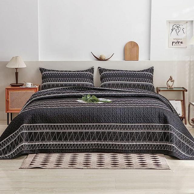 LUCKYBULL Black Quilt Set Boho Bedspread California King XL Size (112x104 in), 3 Pieces Bohemian Striped Reversible Lightweight Coverlet Quilt Set for All Season, Calking XL