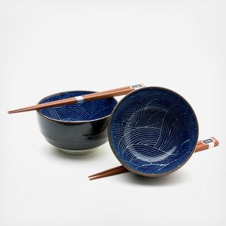 4-Piece Aranami Blue Wave Noodle Bowl Set