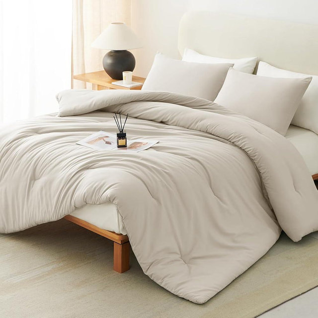 CozyLux California King Comforter Set Beige, 3 Pieces Cal King Solid Breathable Boho Style Bedding Sets, Cozy Luxury Fluffy Soft Microfiber Quilt Comforter for All Season(1 Comforter & 2 Pillowcases)