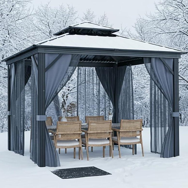 GarveeLife Hardtop Gazebo 8 ft x8 ft for All Weather, with Double Metal Roof, Aluminum Alloy Frame, Net, and Curtain, Permanent Building for Patio, Deck, Backyard, Lawn, and Garden